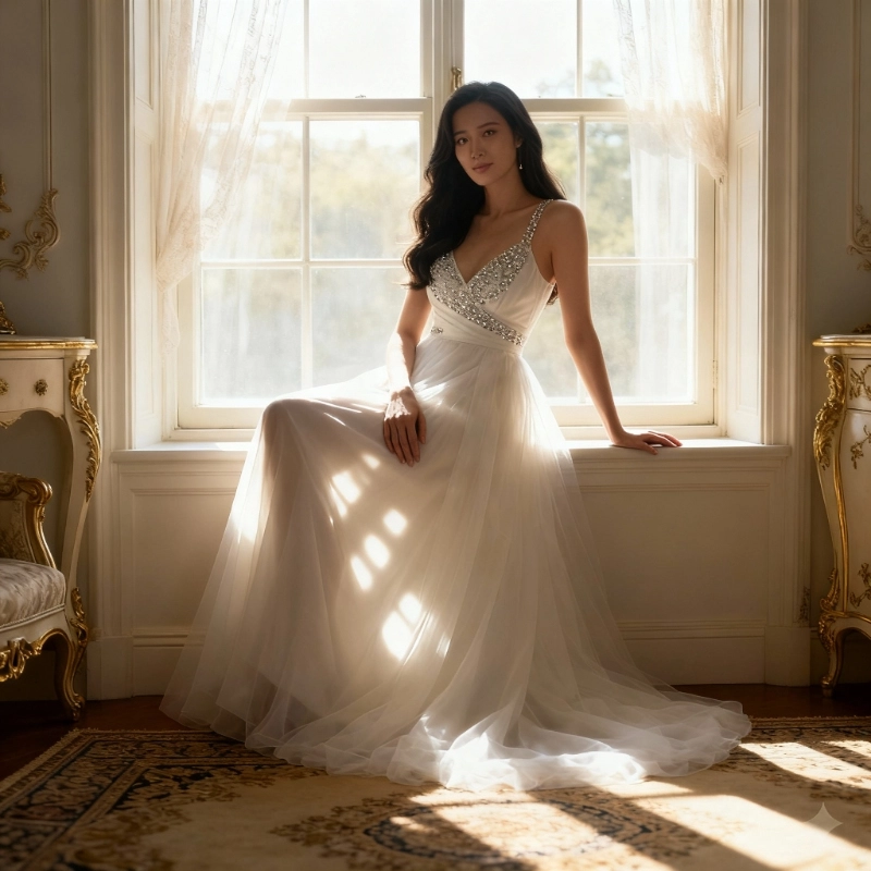 合成效果图-模特穿婚纱坐在欧式宫廷风的落地窗前