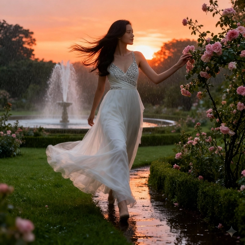 合成效果图-模特穿婚纱漫步在雨后的法式花园中