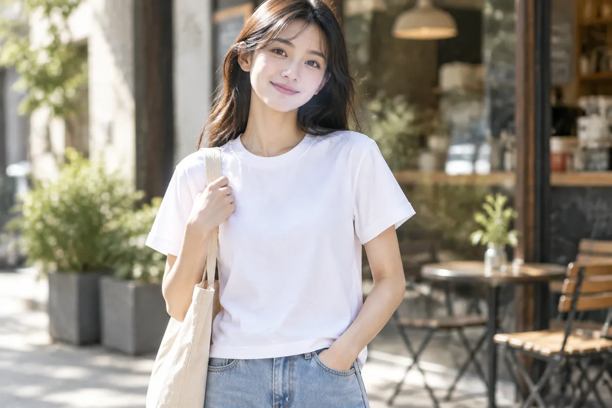 同一件白T经AI生成的模特上身穿搭图